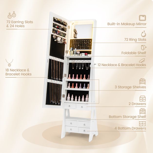 3-Color LED Lighted Jewelry Cabinet with Full-Length Mirror and Adjustable Tilt Angles-White