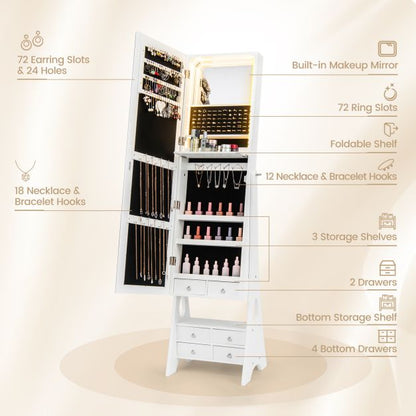 3-Color LED Lighted Jewelry Cabinet with Full-Length Mirror and Adjustable Tilt Angles-White