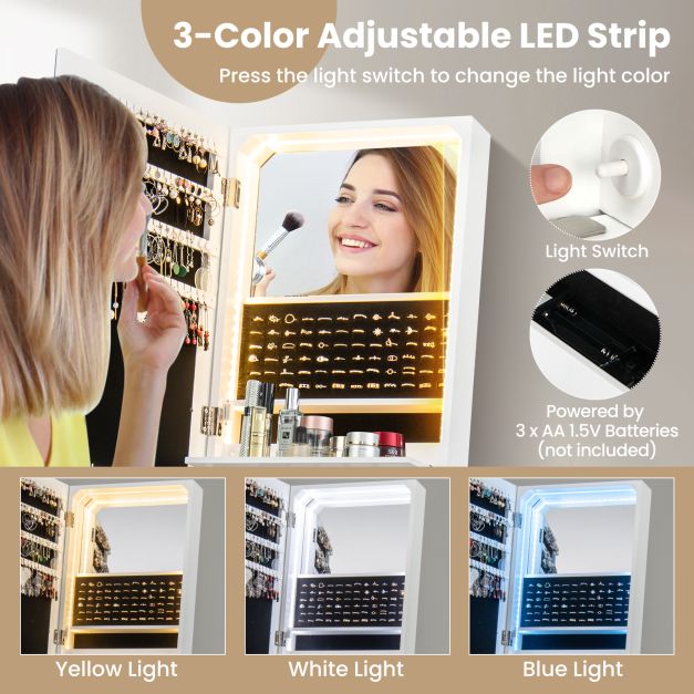 3-Color LED Lighted Jewelry Cabinet with Full-Length Mirror and Adjustable Tilt Angles-White
