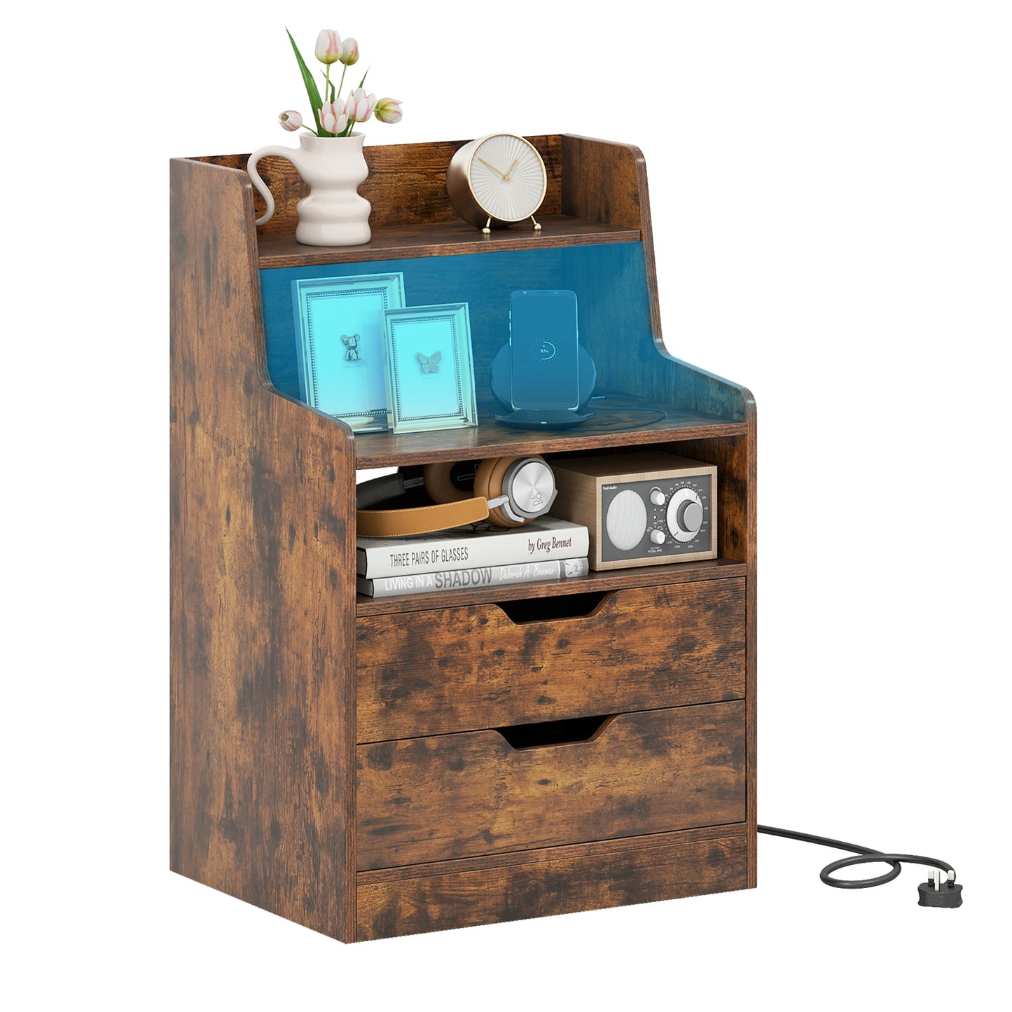 LED Nightstand with Charging Station 2-Drawer Bedside Table with Open Shelf-Rustic Brown