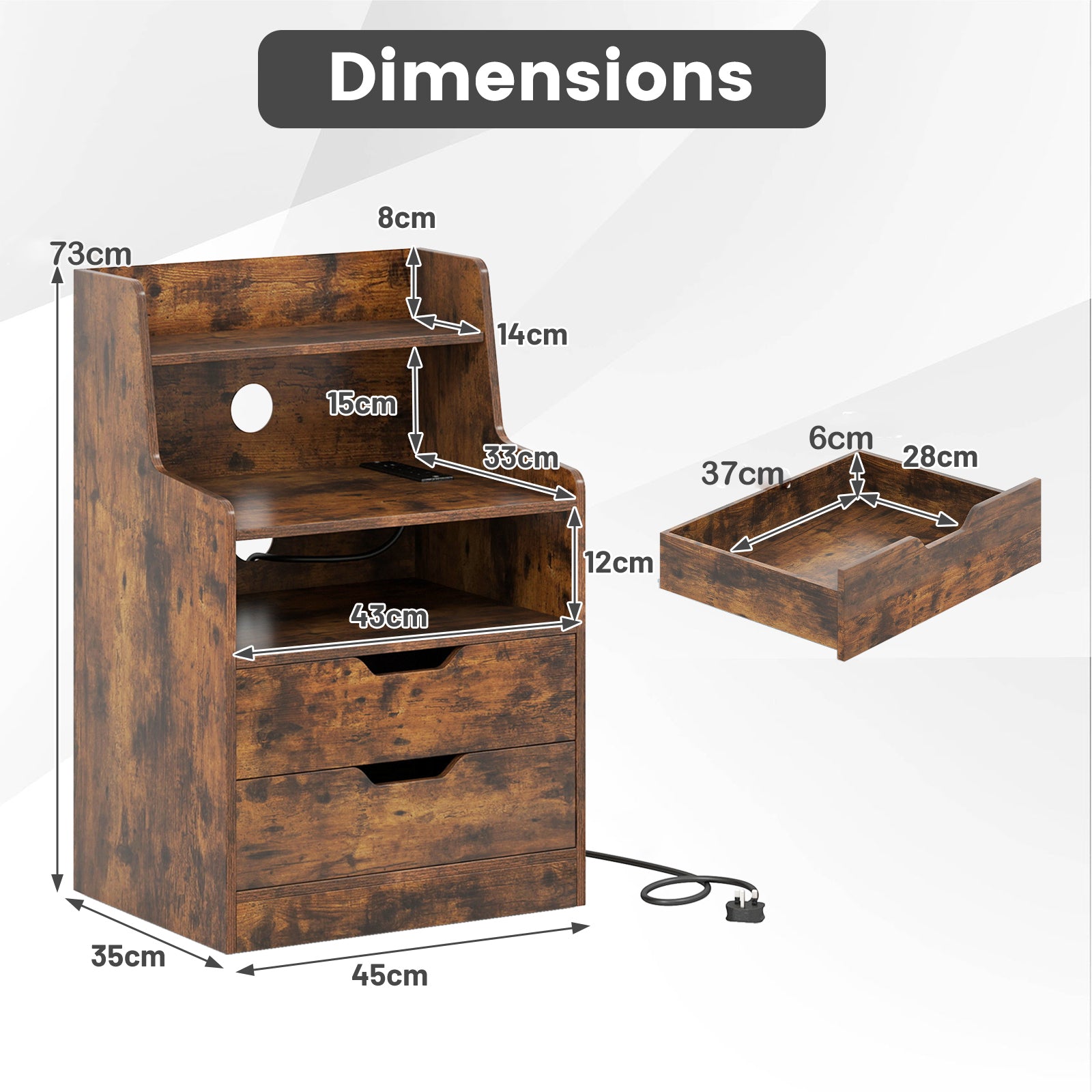 LED Nightstand with Charging Station 2-Drawer Bedside Table with Open Shelf-Rustic Brown