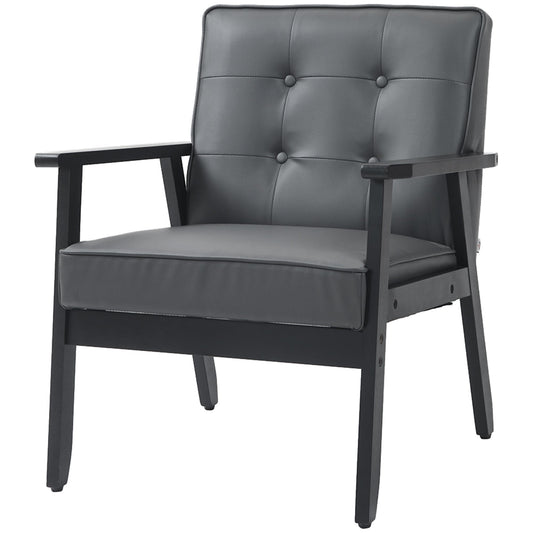 Retro Style Chair, PU Leather Armchair, Occasional With Beech Wood Frame For Living Room Reception Bedroom Balcony, Grey and Black