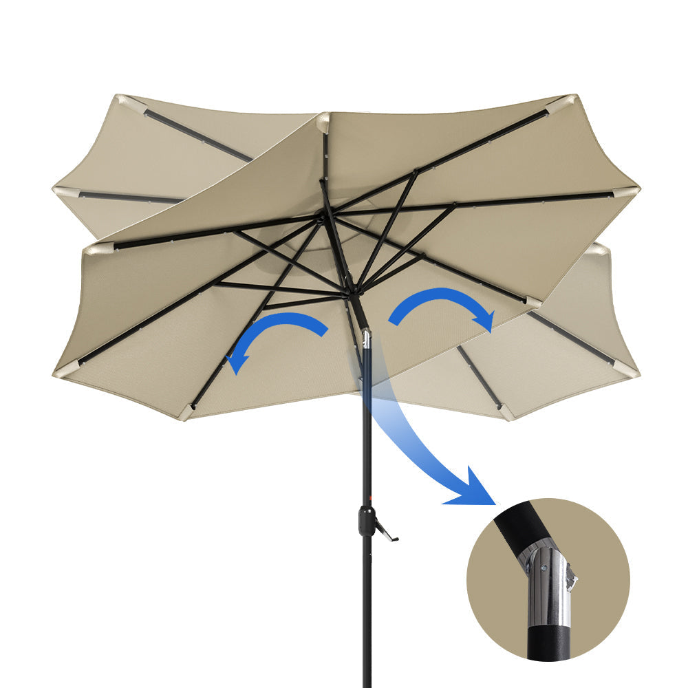 Beige 3m Patio Garden Parasol Sun Umbrella Sunshade Canopy With Solar LED Lights