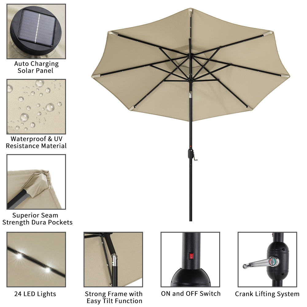 Beige 3m Patio Garden Parasol Sun Umbrella Sunshade Canopy With Solar LED Lights