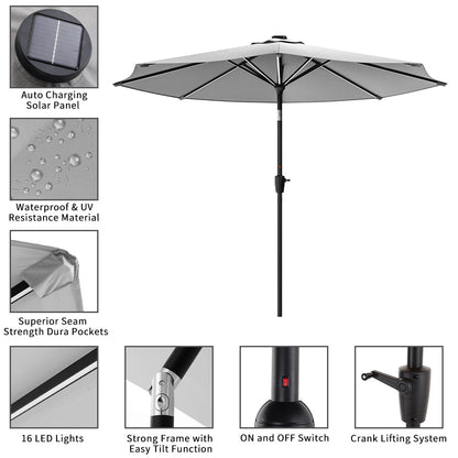 Light Grey 3M Lighted Market Sunbrella Umbrella with Solar Strip LED Lights
