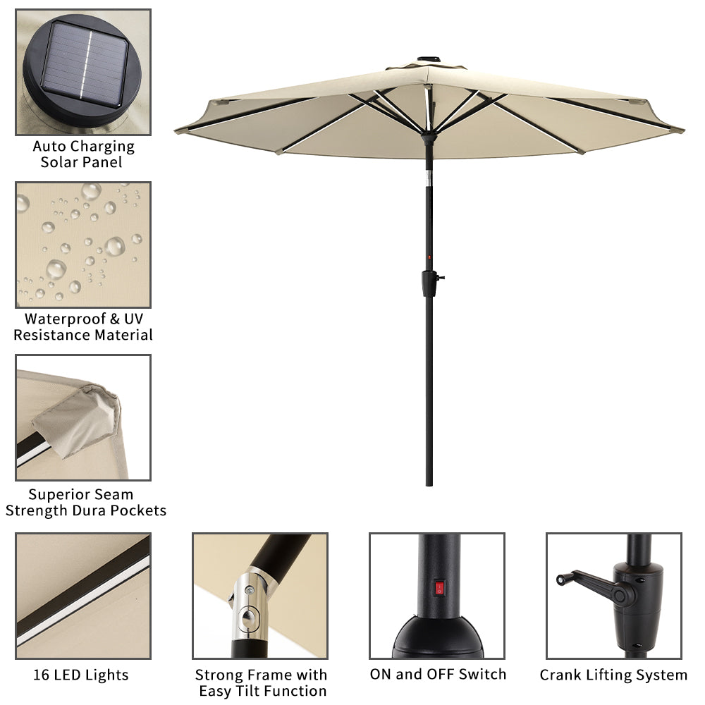 Beige 3M Lighted Market Sunbrella Umbrella with Solar Strip LED Lights
