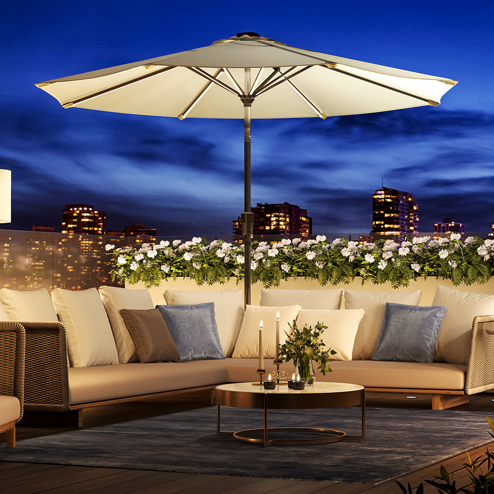 Beige 3M Lighted Market Sunbrella Umbrella with Solar Strip LED Lights