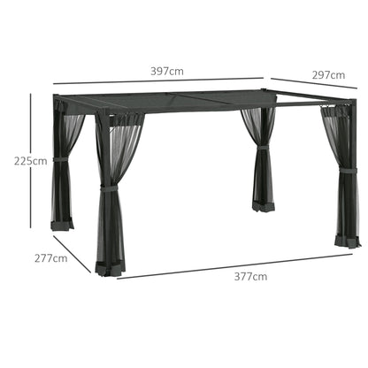 3 x 4m Retractable Pergola, Garden Gazebo Shelter with Nettings, for Grill, Patio, Deck, Dark Grey