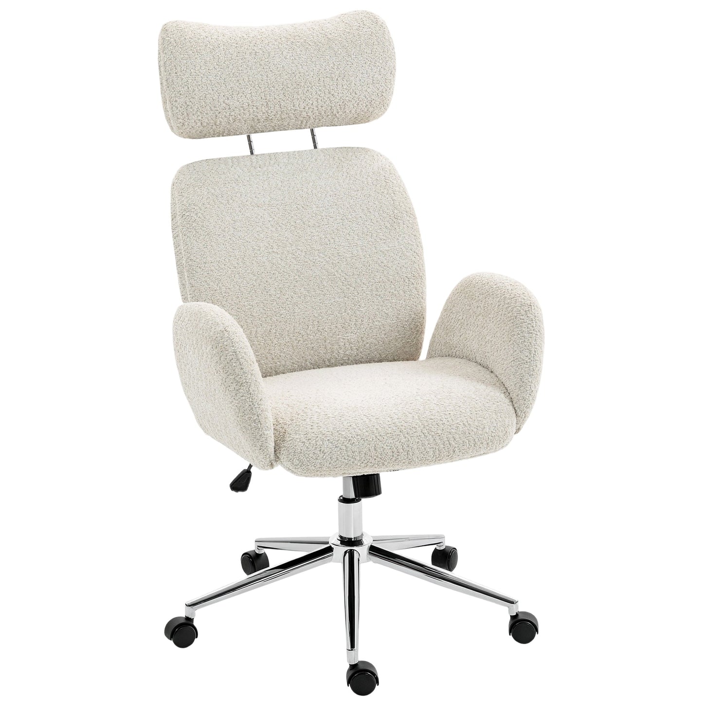 HOMCOM Office Chair with Adjustable Headrest, Spring Pack, Curved Line, Boucle Fabric - Pale Grey
