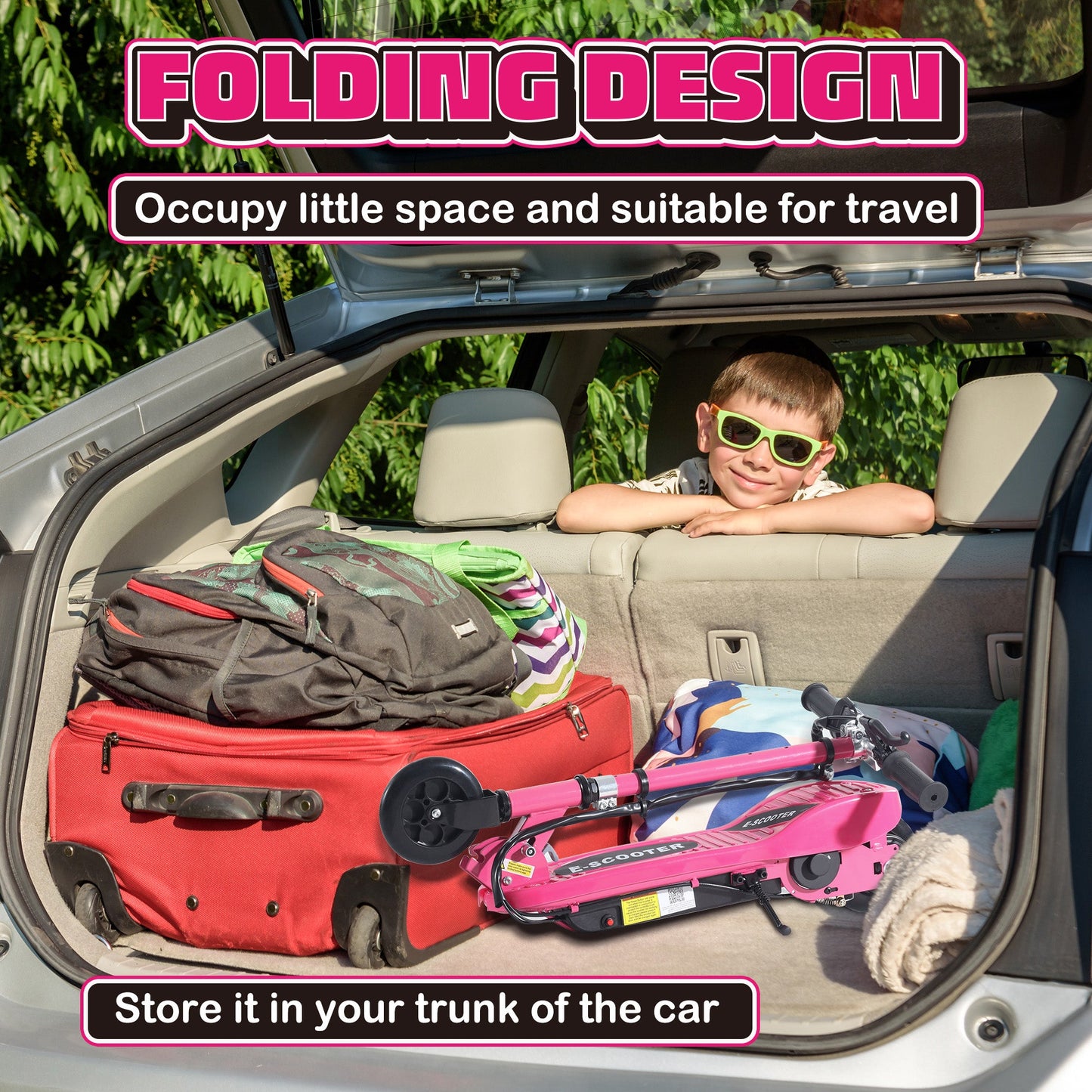 HOMCOM Folding Electric Kids Scooter Ride on Age 7-14, Pink