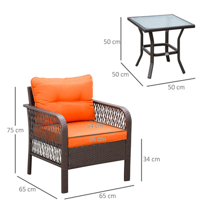 Outsunny 3 Pieces Rattan Bistro Set, Wicker Garden Furniture Set with Glass Top Coffee Table and Chairs, Thickened Cushions for Outdoor, Patio, Balcony, Orange