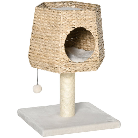 PawHut Cat Tree Tower Climbing Activity Center Kitten Furniture with Cattail Fluff Bed Condo Sisal Scratching Post Hanging Ball 45 x 45 x 66cm Natural