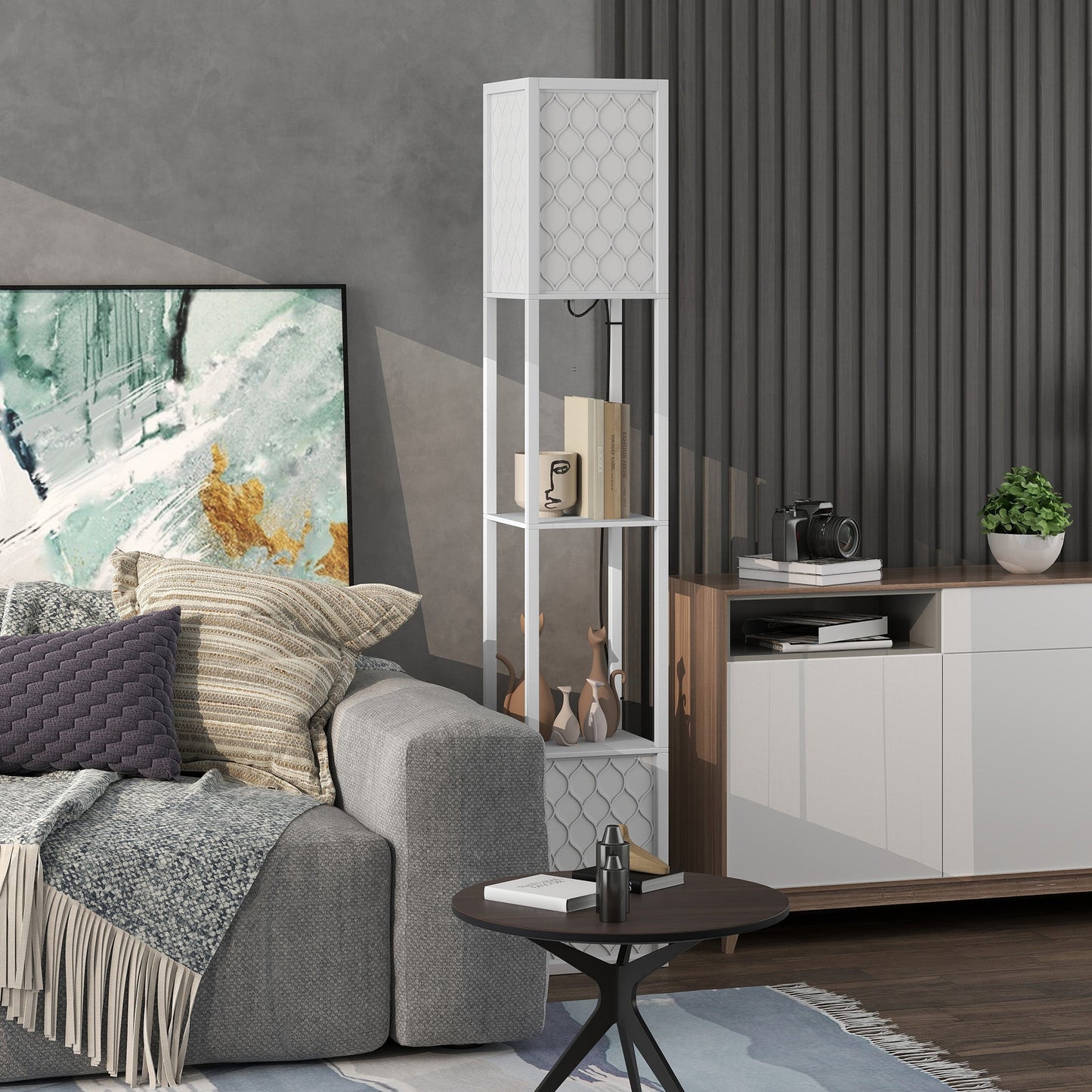 HOMCOM Floor Lamp with Shelves, Dual Light, Modern Tall Standing Lamps, with Pull Chain Switch (Bulb not Included), White