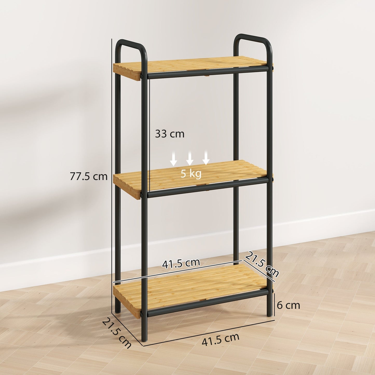HOMCOM 3-Tier Bamboo Bathroom Storage Shelf, Freestanding Narrow Shelving Unit with Slatted Shelves for Kitchen Bathroom Living Room, 41.5 x 21.5 x 77.5 cm, Natural and Black