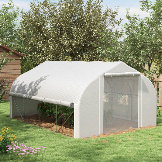Outsunny 4 x 3(m) Tunel foliowy typu walk-in, ściany boczne zwijane na suwak, drzwi z siatki, 8 okien z siatki, namiot tunelowy z osłoną z polietylenu, bezpłatne etykiety na rośliny i rękawiczki, biały