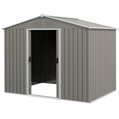 Outsunny 8 x 6ft Outdoor Garden Storage Shed, Metal Tool House with Ventilation and Sliding Doors, Light Grey