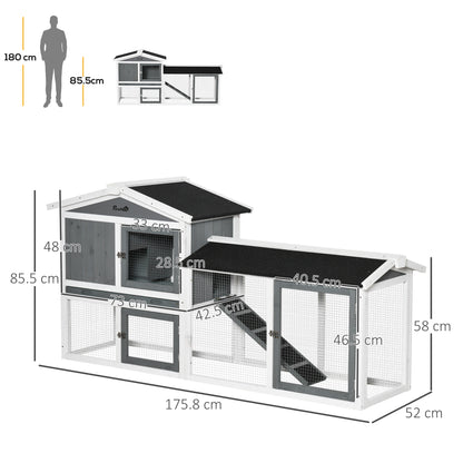 PawHut Rabbit Hutch Outdoor, 2-poziomowa klatka dla świnki morskiej, drewniany domek dla małych zwierząt z wybiegiem dla królików, wysuwana taca, rampa, 175,8 x 52 x 85,5 cm, biały
