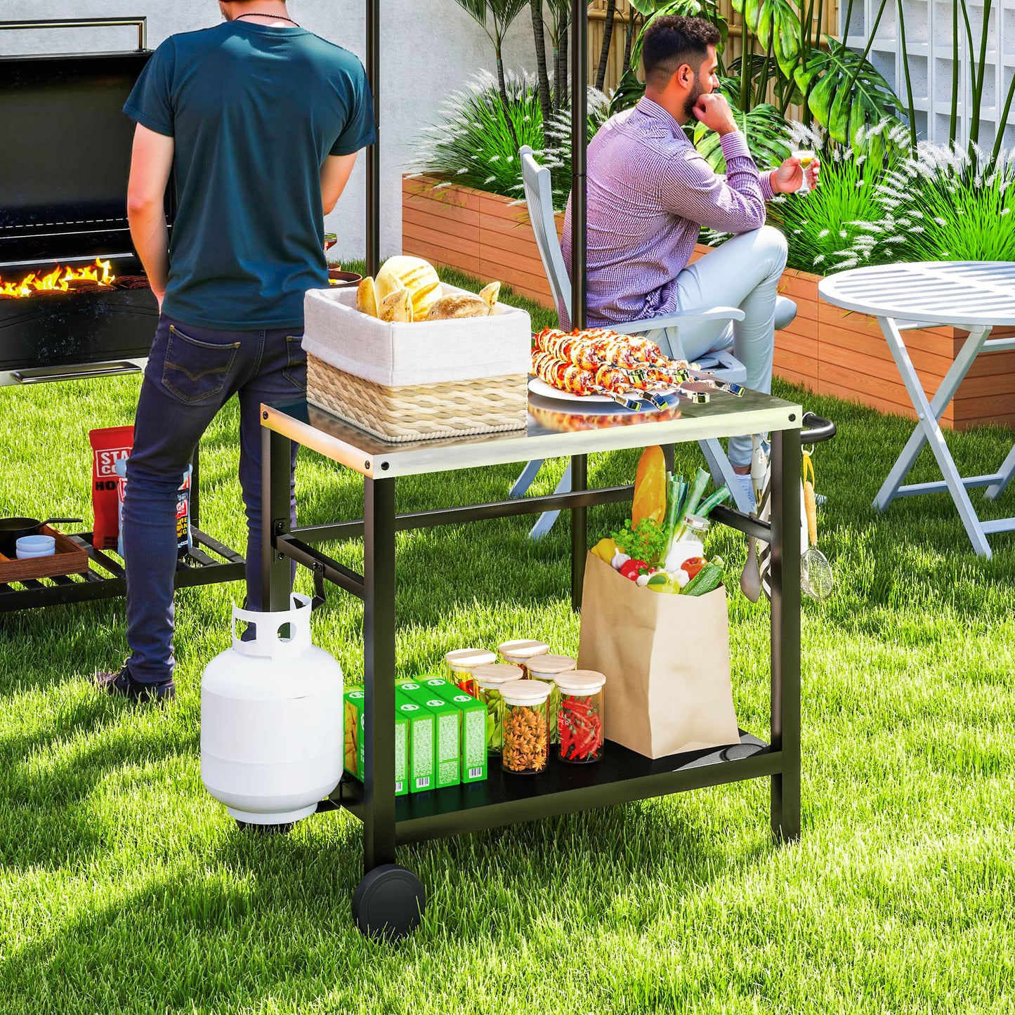 Outsunny Outdoor Grill Dining Cart 2-Shelf Movable Pizza Oven Table Stand z blatem ze stali nierdzewnej, przenośny wózek do grilla Food Prep Outdoor Kitchen BBQ Station z haczykami, kółkami i uchwytem, ​​antracytowy