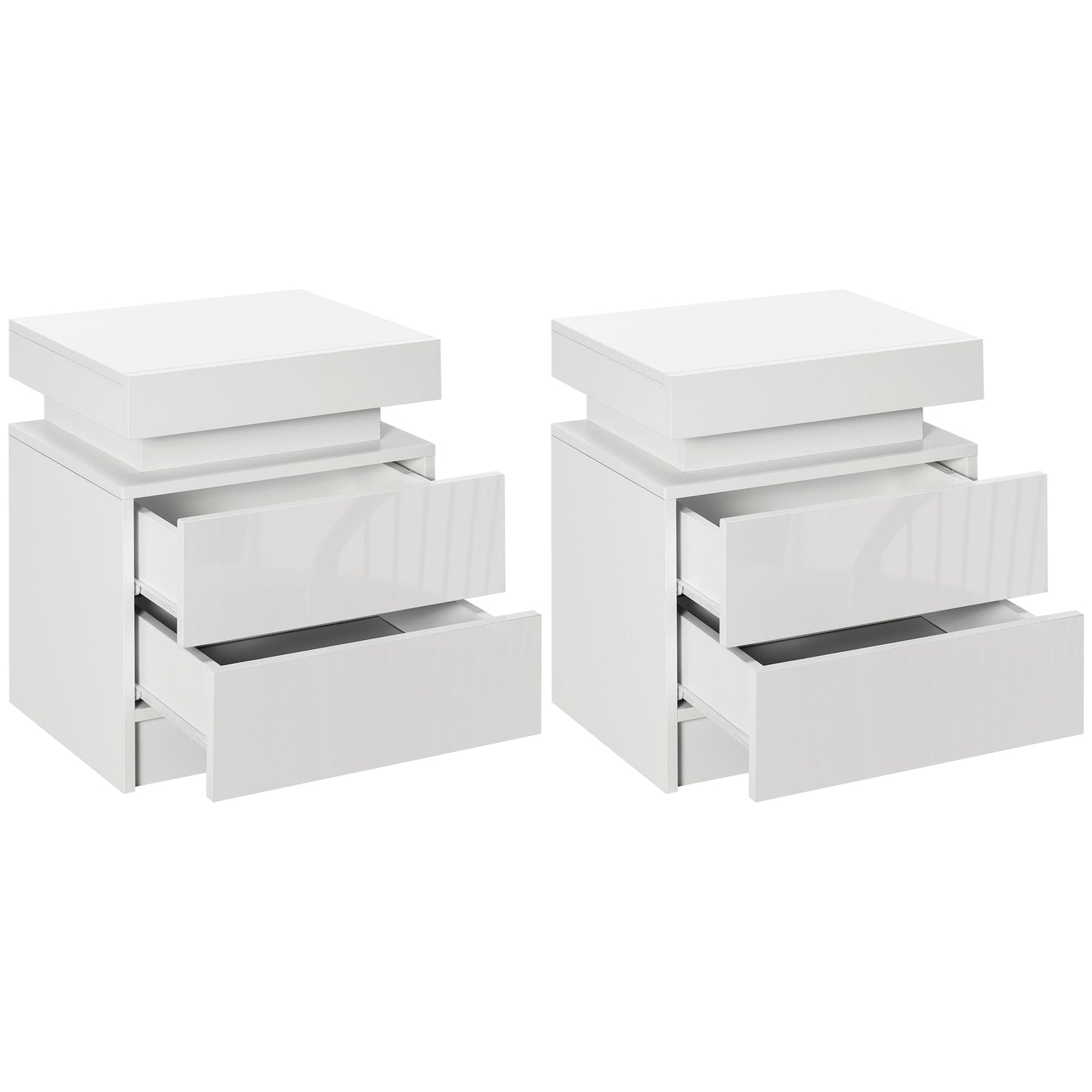 HOMCOM White Bedside Table with LED Light, High Gloss Front Nightstand with 2 Drawers, for Living Room, Bedroom