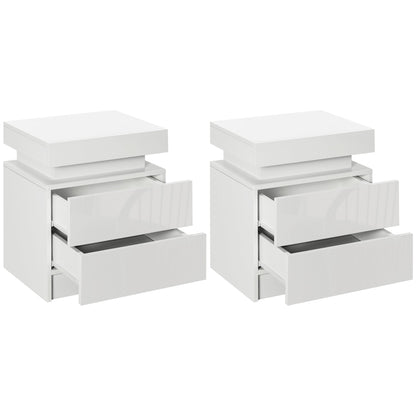 HOMCOM White Bedside Table with LED Light, High Gloss Front Nightstand with 2 Drawers, for Living Room, Bedroom