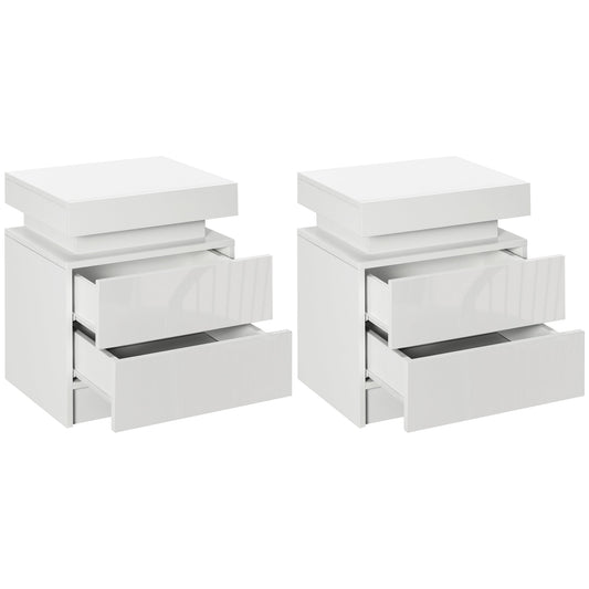 HOMCOM White Bedside Table with LED Light, High Gloss Front Nightstand with 2 Drawers, for Living Room, Bedroom