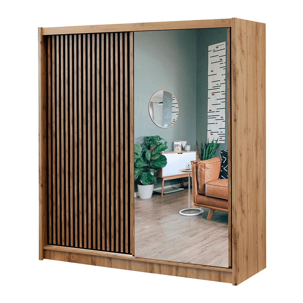 Oak Wotan / Black Mirrored Sliding Door Wardrobe 203cm – WINDSOR