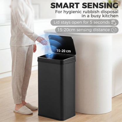 HOMCOM 50L Sensor Bin with Soft-Close Lid, Stainless Steel Automatic Touchless Motion Sensor Kitchen Bin, Black