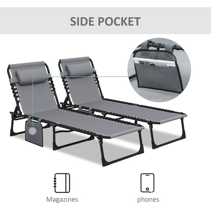 طقم كرسي استرخاء محمول من Outsunny مكون من قطعتين، سرير تخييم قابل للطي، كرسي استرخاء متكئ بمسند ظهر قابل للتعديل في 5 أوضاع مع جيب جانبي، وسادة للفناء والحديقة والشاطئ وحمام السباحة، رمادي