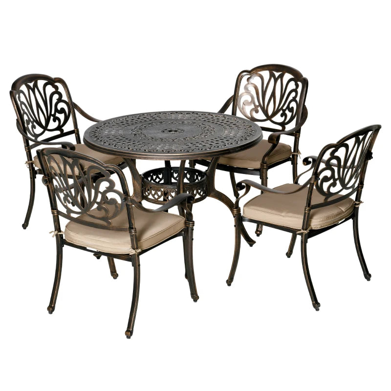 Outsunny 4 Seater Outdoor Dining Set Antique Cast Aluminium Garden Furniture Set with Cushions Round Dining Table with Parasol Hole, Bronze