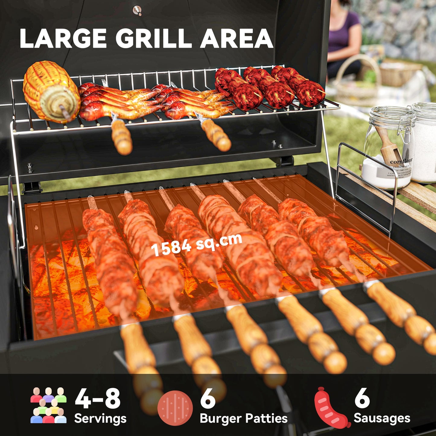 Grill węglowy Outsunny z regulowaną wysokością patelni węglowej, przenośny grill wędzarniczy z rusztem do podgrzewania, 3 półki, wskaźnik temperatury, kółka, otwieracz do butelek do gotowania na świeżym powietrzu, przyjęcie ogrodowe