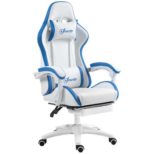 Vinsetto Computer Gaming Chair, PU Leather Desk Chair with Footrest, Swivel Task Chair with 135¡ Reclining Back and Lumbar Support, PC Chair for Adults, White and Blue