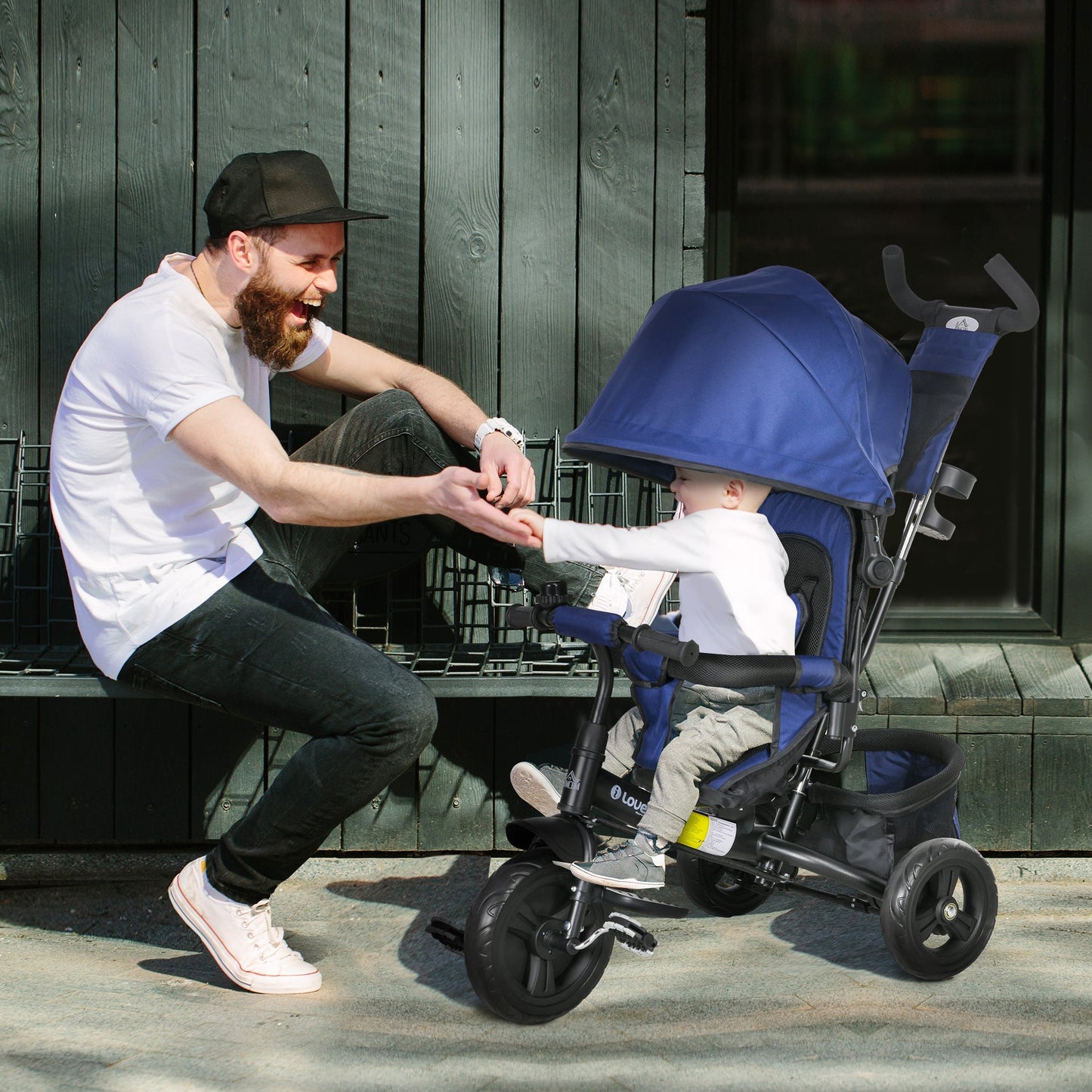 4 in 1 Kids Trike Push Bike w/ Push Handle, Canopy, 5-point Safety Belt, Storage, Footrest, Brake, for 1-5 Years, Blue