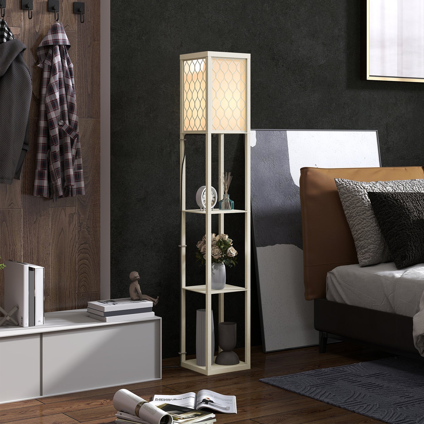 HOMCOM Three-Shelf Standing Lamp - Oak/White