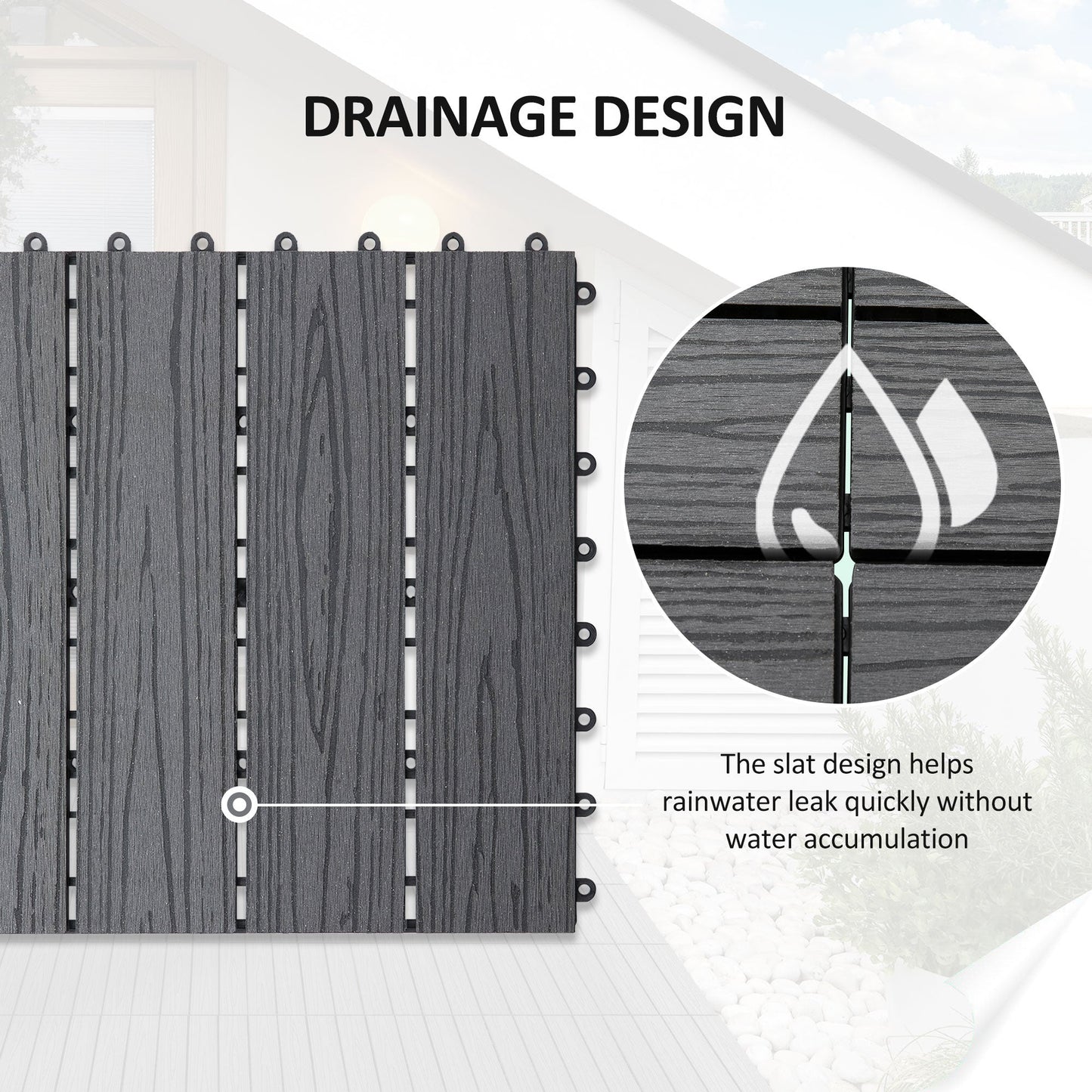 Outsunny WPC Interlocking Decking Tiles, Pack of 11 Interlocking Patio Paving Slabs, 30 x 30 x 2.2 cm, Grey