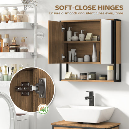 HOMCOM Bathroom Mirror Cabinet with Soft-Close Doors and Adjustable Shelf - Natural Wood Finish