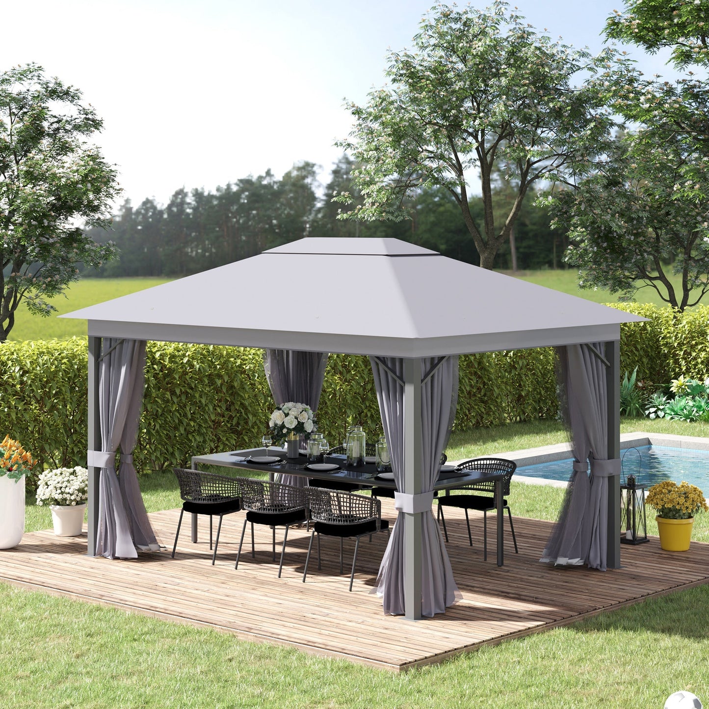 Outsunny 4 x 3(m) Patio Gazebo Canopy Garden Tent Shelter with Vented Roof, Mosquito Netting and Curtains, Aluminium Frame, Grey