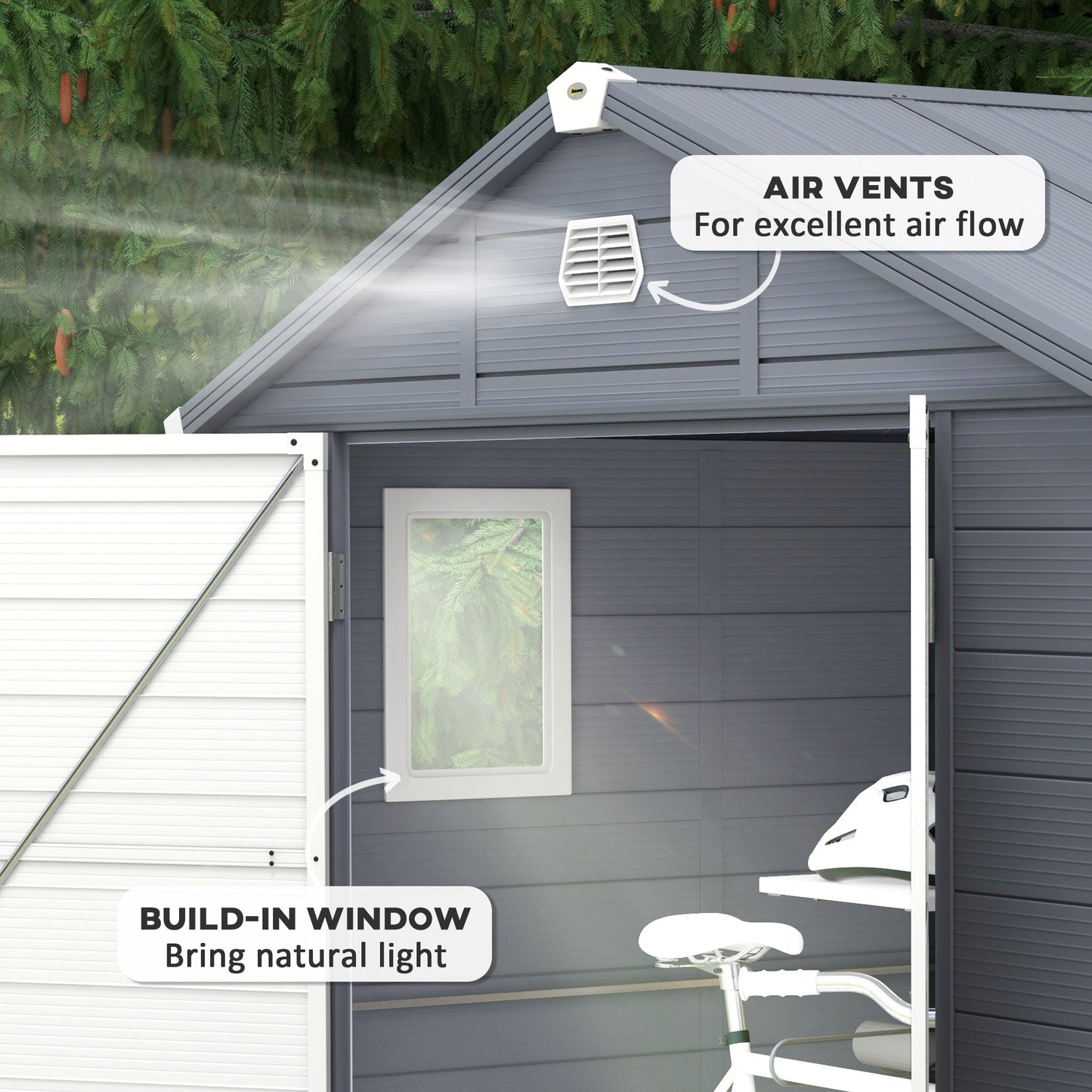 Outsunny 8 x 6ft Garden Shed with Foundation Kit, Polypropylene Outdoor Storage Tool House with Ventilation Slots and Lockable Door, Grey