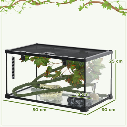 PawHut Glass Reptile Terrarium with Decor Kit, Breeding Tank with Thermometer for Small Animals, 50 x 30 x 25cm, Heated, Black