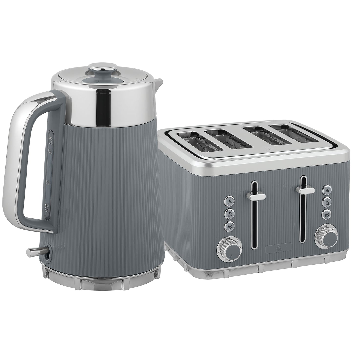 HOMCOM Electric Stainless Steel Kettle and Toaster Set, 3000W 1.7L UK Strix Thermostat Fast Boil Kettle w/ Limescale Filter, Cool Touch Body, 4 Slice Toaster with 7 Browning Levels, Crumb Tray, Grey