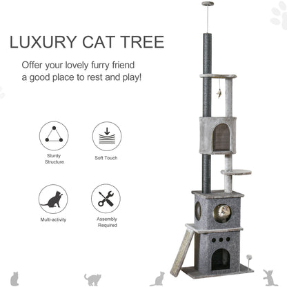 PawHut 255cm Cat Climbing Tree Adjustable Kitty Activity Center Floor-to-Ceiling Cat Climber Toy with Double Condo Play Rest Post Light Grey