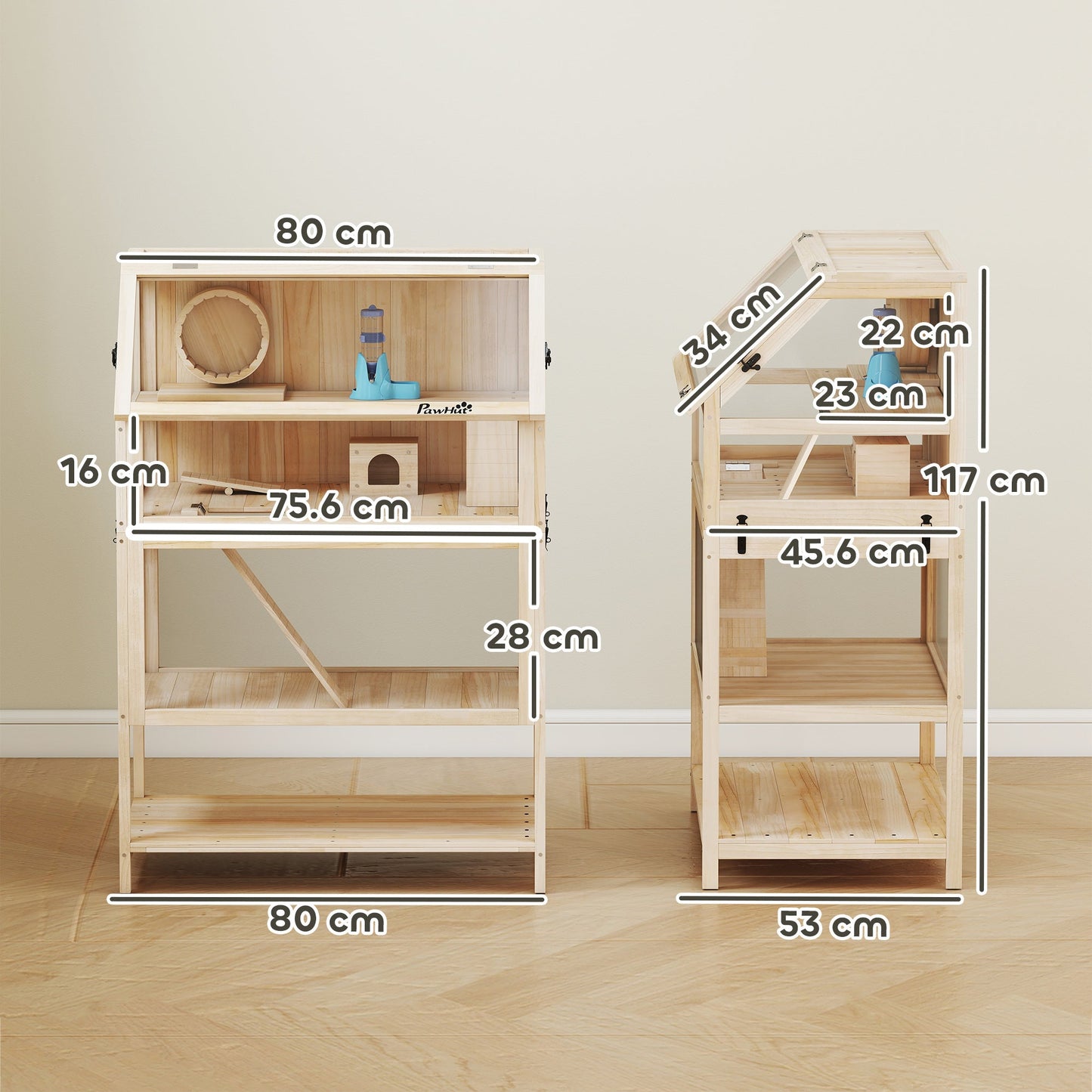 PawHut Wooden Hamster Cage with Detachable Lower Floor, Storage Shelf, Hut, Seesaw, Exercise Wheel, Ramps for Hamster