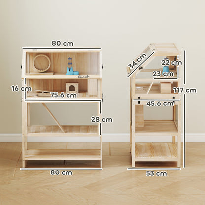 PawHut Wooden Hamster Cage with Detachable Lower Floor, Storage Shelf, Hut, Seesaw, Exercise Wheel, Ramps for Hamster
