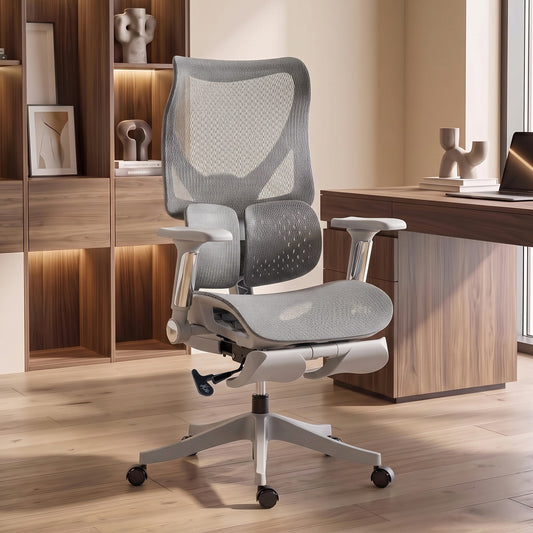 HOMCOM Ergonomic Office Chair with Lumbar Support, Mesh Reclining Desk Chair with Footrest, Adjustable High Back, Grey
