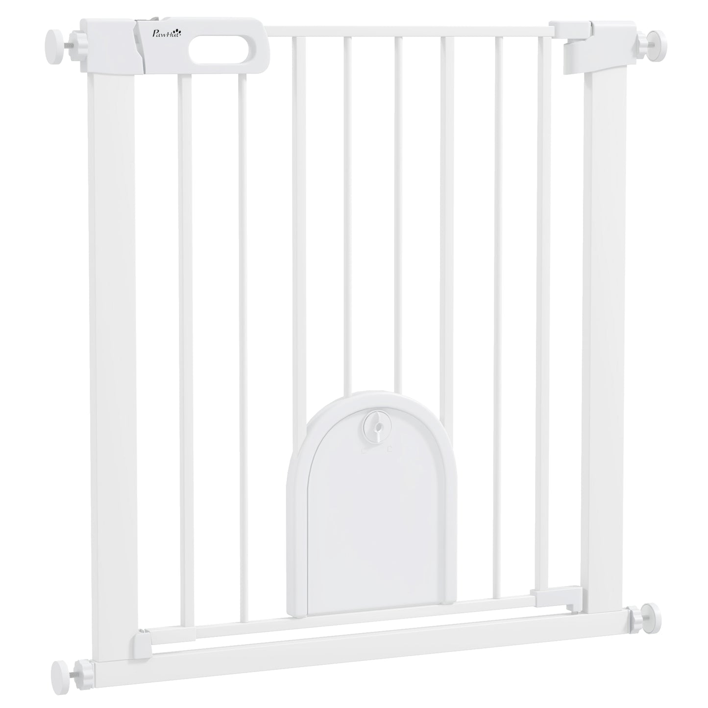 PawHut 75-82cm Pet Safet Gaye, Pressure Fit Stair, with Cat Flap, Double Locking, White