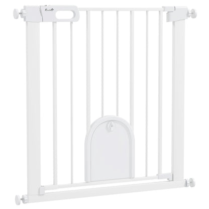 PawHut 75-82cm Pet Safet Gaye, Pressure Fit Stair, with Cat Flap, Double Locking, White