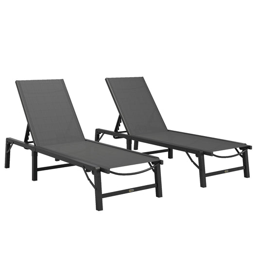 Outsunny Folding Sun Lounger Set of 2, 5-Position Adjustable Reclining Garden Loungers, Garden Chaise Lounge Sunbed Recliner Chairs with Steel Frame for Beach, Porch, Patio, Camping, Black