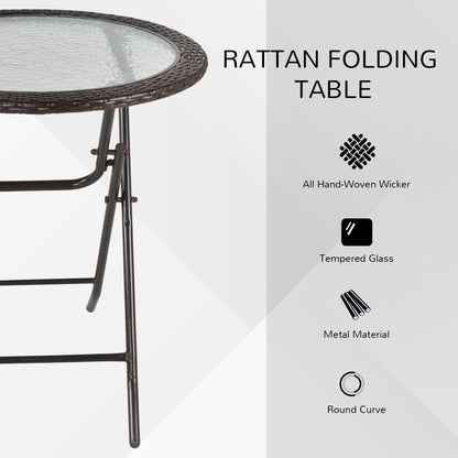 Outsunny Folding Round Tempered Glass Garden Table with Brown Rattan Edging