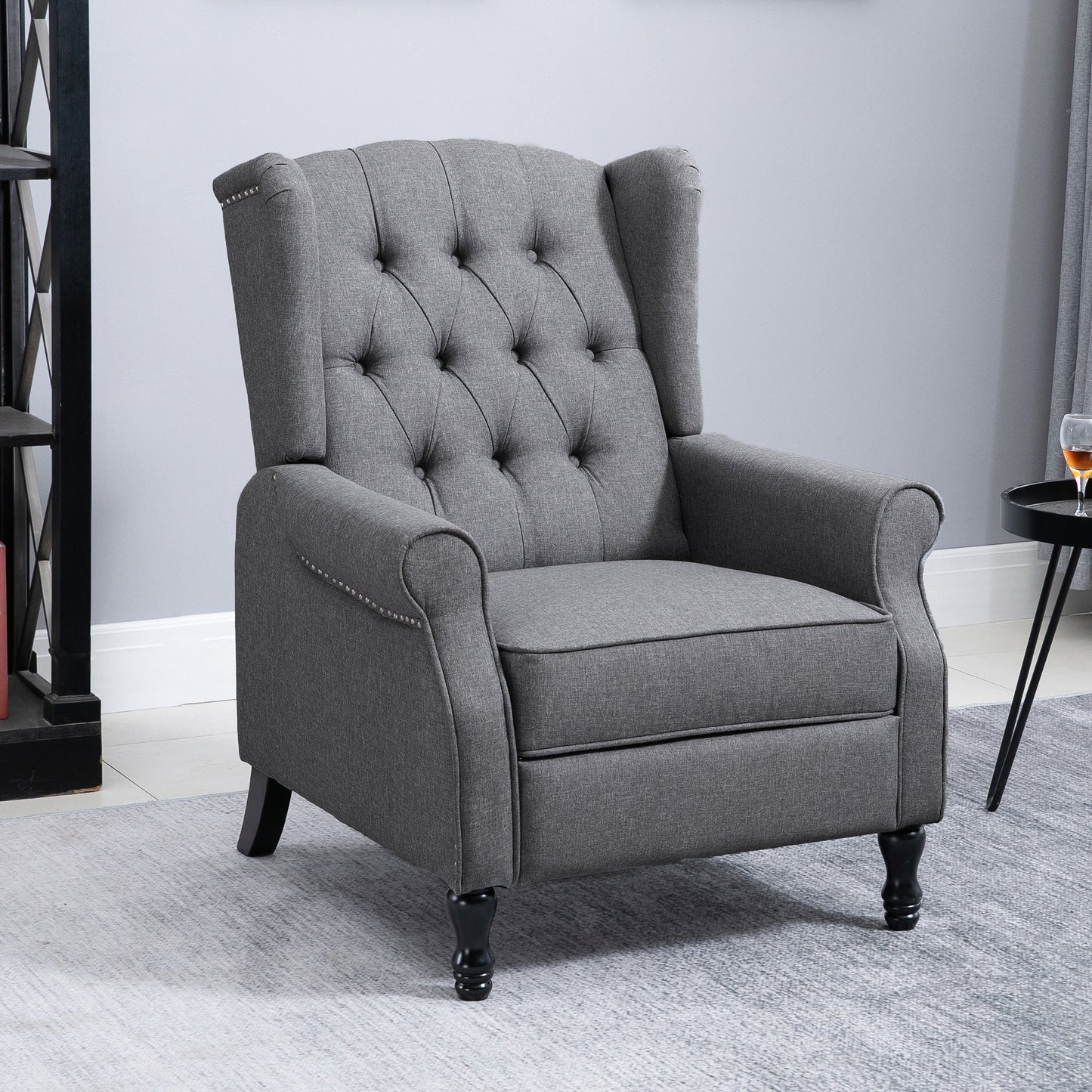 HOMCOM Recliner Armchair, Vintage Reclining Chair with Nail Head Trim, Wingback Chair with Button Tufted Back and Footrest, for Living Room, Grey