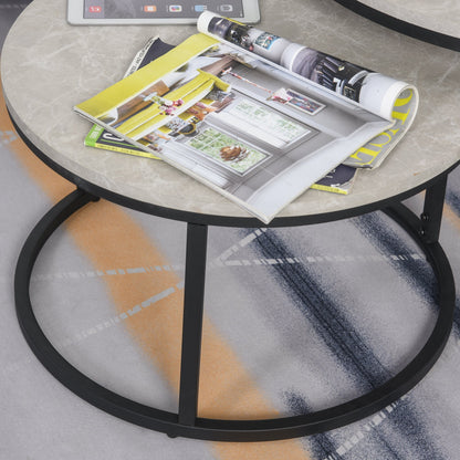 2 Piece Stacking Coffee Table Set w/ Steel Frame Marble-Effect Top Foot Pads Nest of Tables Storage Display Black/Grey