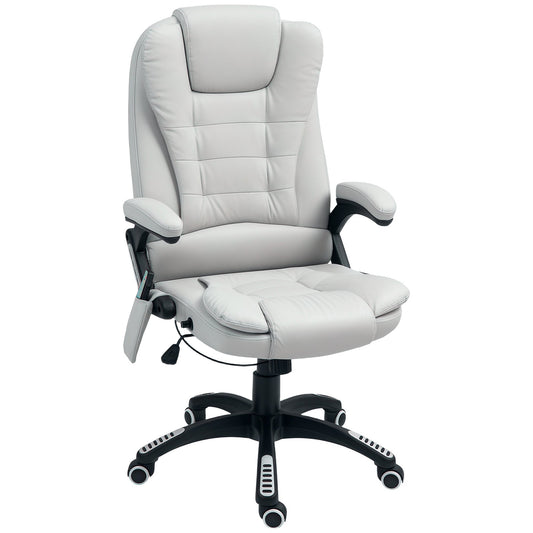 HOMCOM 6-Point Massage Office Chair with Seat Heated for Home Office, PU Leather High Back Executive Desk Chair with Adjustable Height and 360 Swivel for Work Study, Light Grey